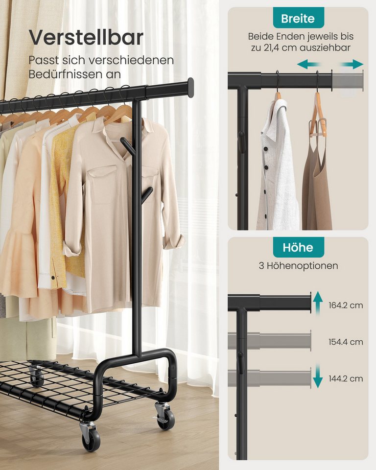 SONGMICS Kleiderständer Schwerlast-Garderobenständer ausziehbare Kleiderstange, verstellbare Höhe, auf Rollen, mit Ablage, Haken – Bild 4 von 5