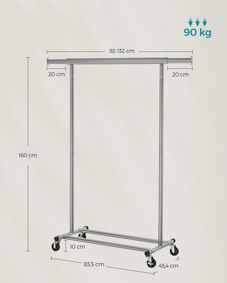 SONGMICS Kleiderständer Schwerlast-Garderobenständer ausziehbare Kleiderstange, bis 100 kg belastbar, einfache Montage, auf Rollen, transportabel – Bild 5 von 5