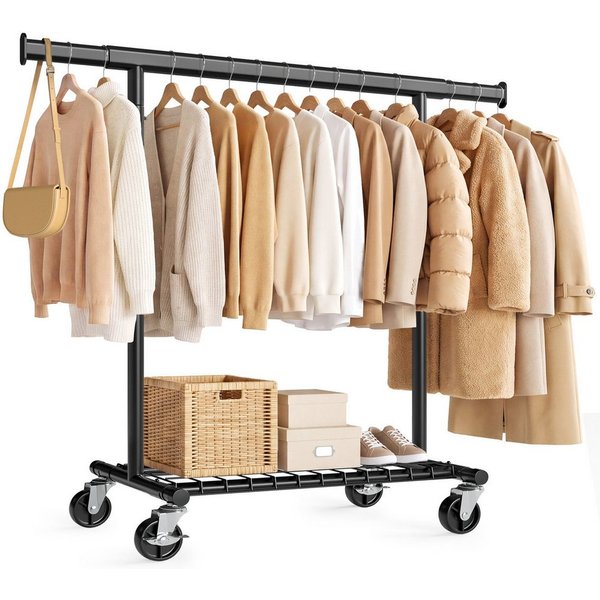 SONGMICS Kleiderständer Schwerlast Kleiderständer auf Rollen Ausziehbare Kleiderstange, bis 180 kg mit Ablage 92-132 x 45 x 161,5 cm