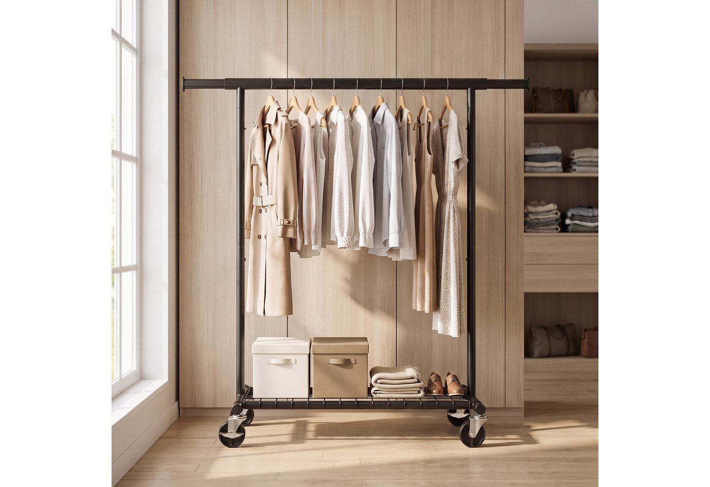 SONGMICS Kleiderständer Schwerlast Kleiderständer auf Rollen Ausziehbare Kleiderstange, bis 180 kg mit Ablage 92-132 x 45 x 161,5 cm – Bild 3 von 5