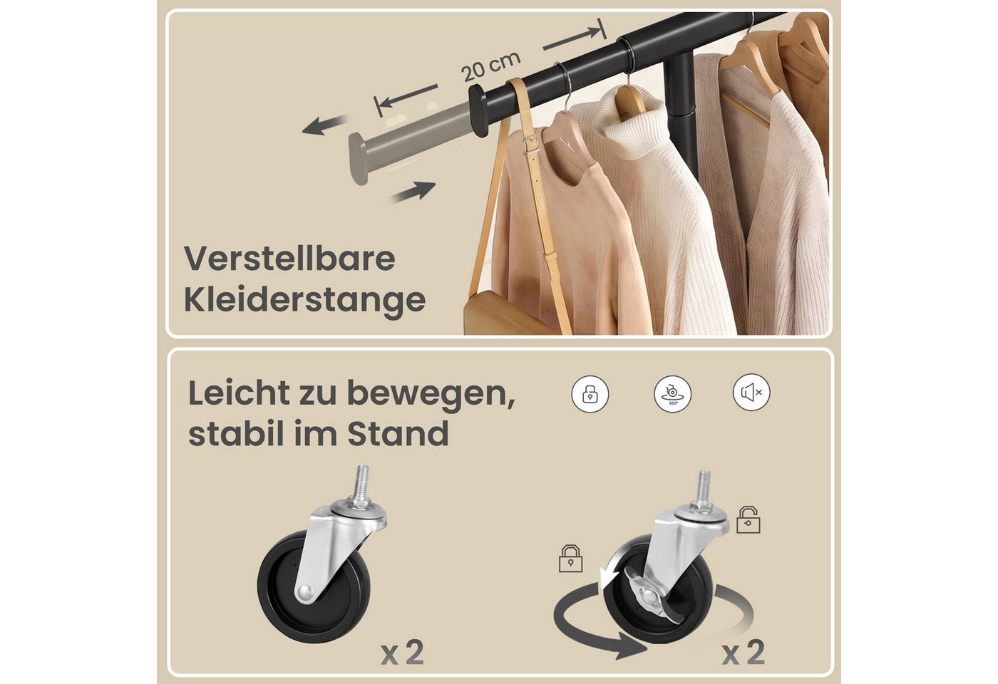 SONGMICS Kleiderständer Schwerlast Kleiderständer auf Rollen Ausziehbare Kleiderstange, bis 180 kg mit Ablage 92-132 x 45 x 161,5 cm – Bild 4 von 5