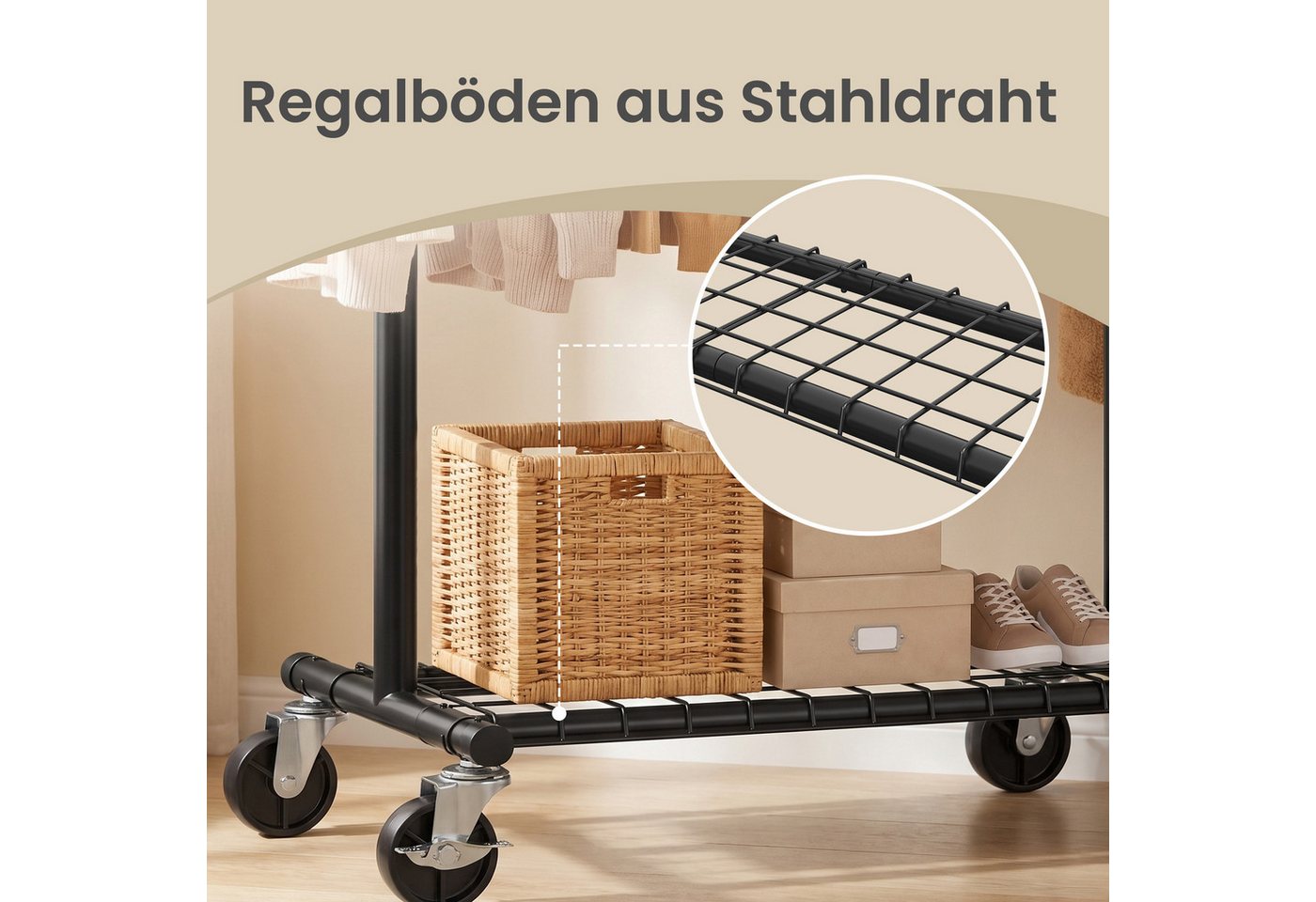 SONGMICS Kleiderständer Schwerlast Kleiderständer auf Rollen Ausziehbare Kleiderstange, bis 180 kg mit Ablage 92-132 x 45 x 161,5 cm – Bild 5 von 5