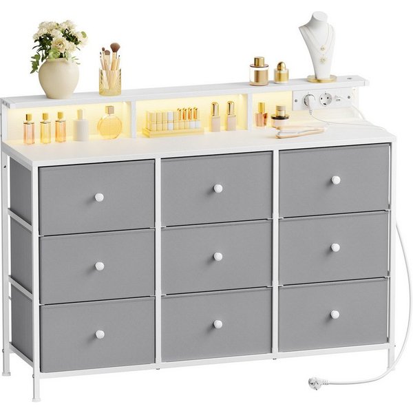 SONGMICS Kommode Aufbewahrungsschrank mit 9 Schubladen und LED-Beleuchtung, Steckdosenleiste, Stahlrahmen, 33,5 x 114 x 84 cm