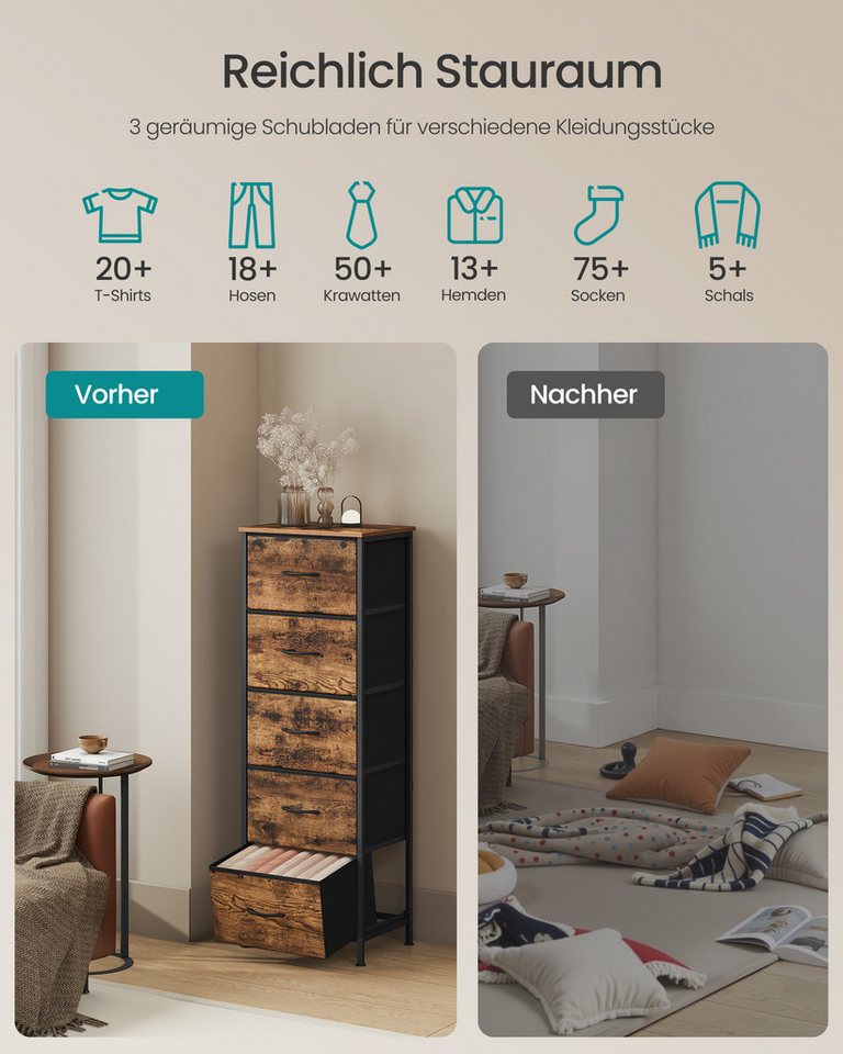 SONGMICS Kommode Schrank, Aufbewahrungsschrank, für Schlafzimmer, Flur, Wohnzimmer, Stahl, 5 Schubladen – Bild 3 von 5