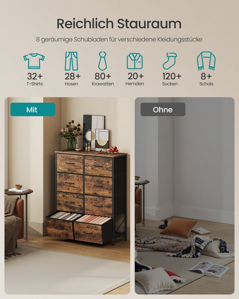 SONGMICS Kommode Schrank, Aufbewahrungsschrank, für Schlafzimmer, Flur, Wohnzimmer, Stahl, 8 Schubladen – Bild 3 von 5