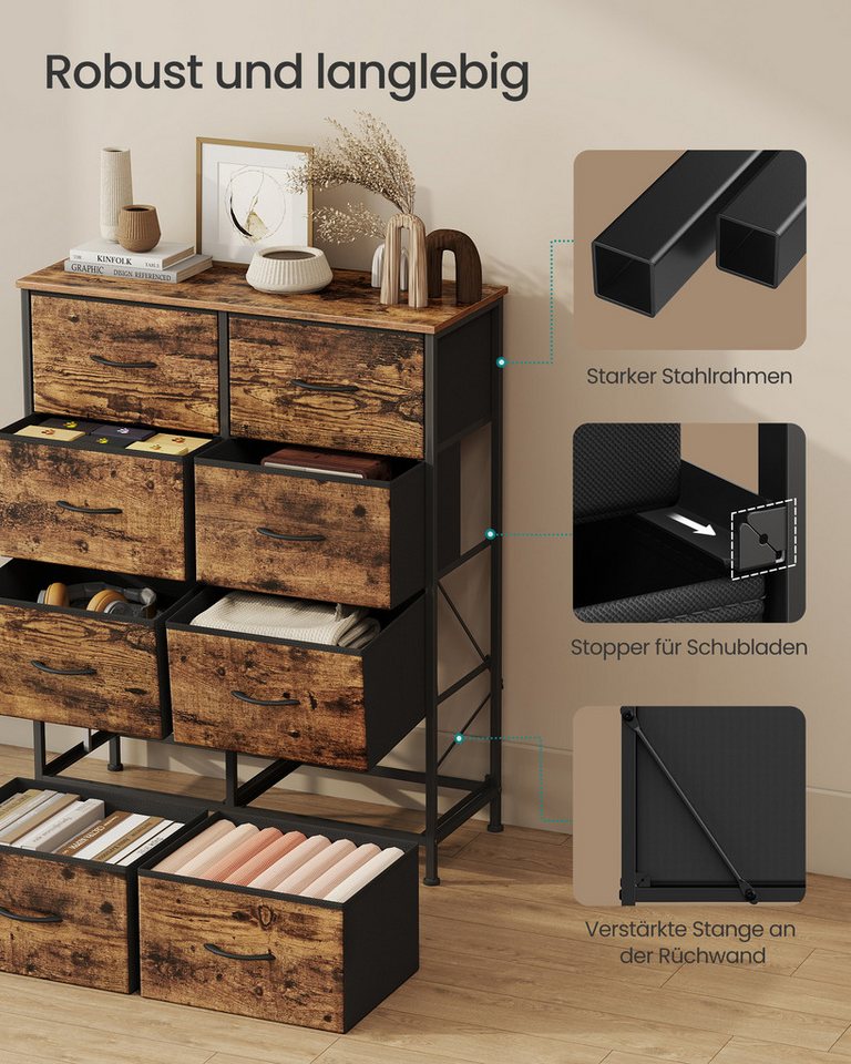 SONGMICS Kommode Schrank, Aufbewahrungsschrank, für Schlafzimmer, Flur, Wohnzimmer, Stahl, 8 Schubladen – Bild 5 von 5