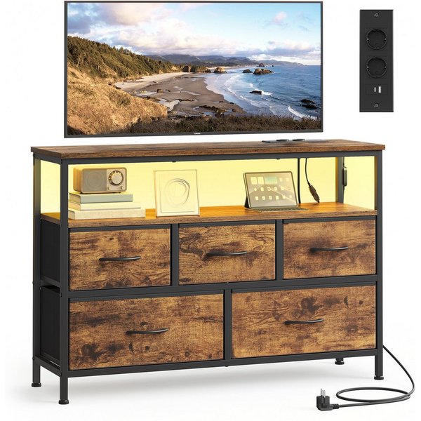 SONGMICS Kommode Schrank, App-gesteuerte LED-Beleuchtung, Sideboard mit Ladestation, 1 Ablage, 5 Schubladen, Industrie-Stil