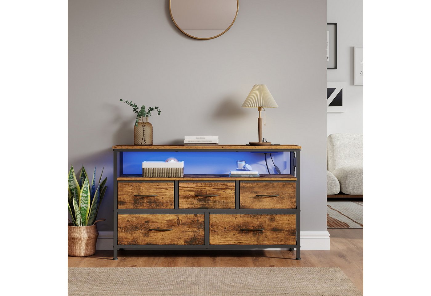 SONGMICS Kommode Schrank, App-gesteuerte LED-Beleuchtung, Sideboard mit Ladestation, 1 Ablage, 5 Schubladen, Industrie-Stil – Bild 2 von 5