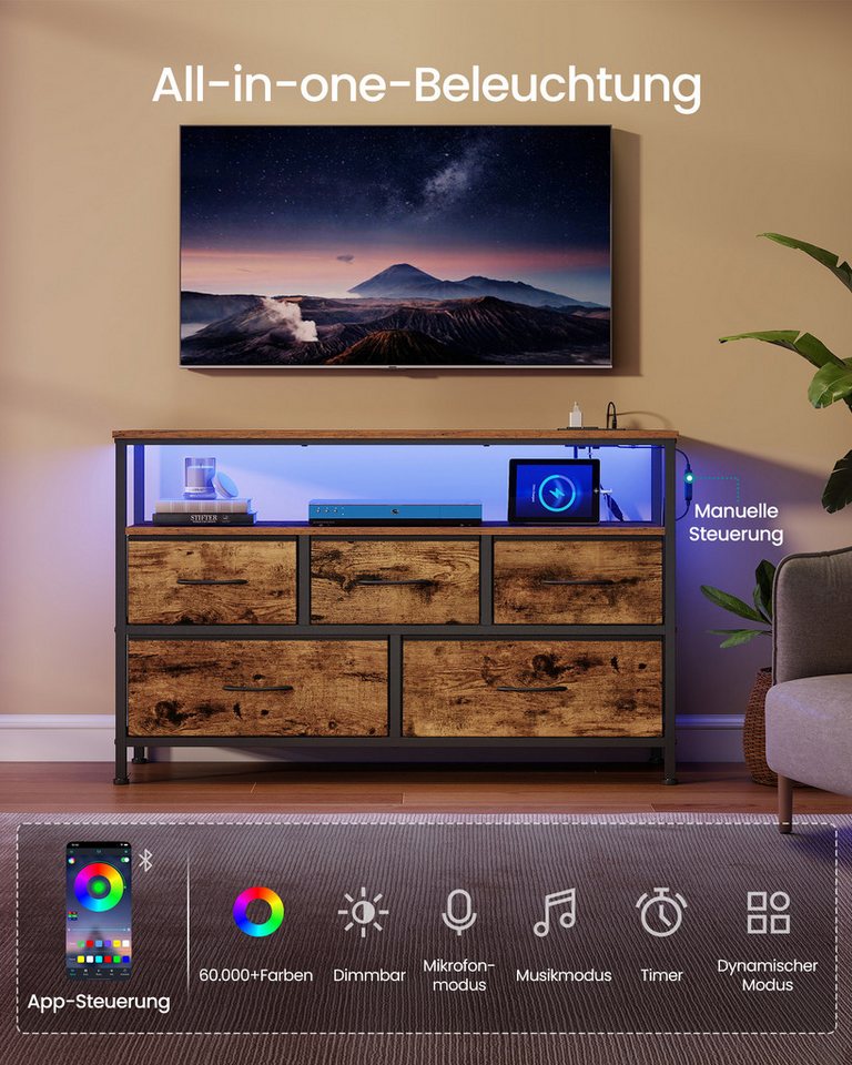 SONGMICS Kommode Schrank, App-gesteuerte LED-Beleuchtung, Sideboard mit Ladestation, 1 Ablage, 5 Schubladen, Industrie-Stil – Bild 4 von 5