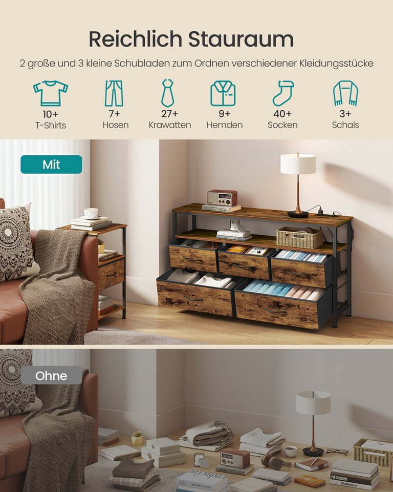 SONGMICS Kommode Schrank, App-gesteuerte LED-Beleuchtung, Sideboard mit Ladestation, 1 Ablage, 5 Schubladen, Industrie-Stil – Bild 5 von 5
