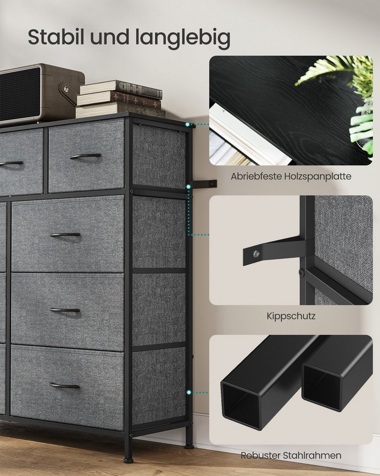 SONGMICS Kommode Schrank, Aufbewahrungsschrank, für Schlafzimmer, Flur, Wohnzimmer, Stahl, 9 Schubladen, modern – Bild 4 von 5