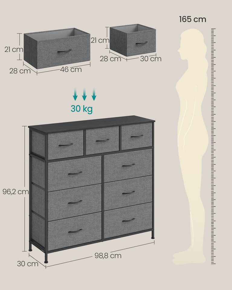 SONGMICS Kommode Schrank, Aufbewahrungsschrank, für Schlafzimmer, Flur, Wohnzimmer, Stahl, 9 Schubladen, modern – Bild 5 von 5