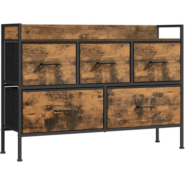 SONGMICS Kommode Schrank Schlafzimmer, Stahlrahmen, Sideboard, Aufbewahrungsschrank 5 Stoffschubladen mit Griffen