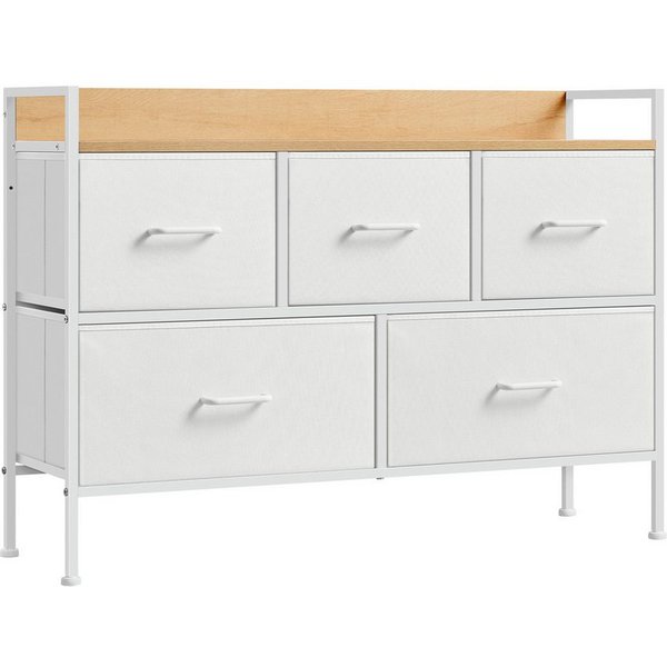 SONGMICS Kommode Schrank Schlafzimmer, Stahlrahmen, Sideboard, Aufbewahrungsschrank 5 Stoffschubladen mit Griffen