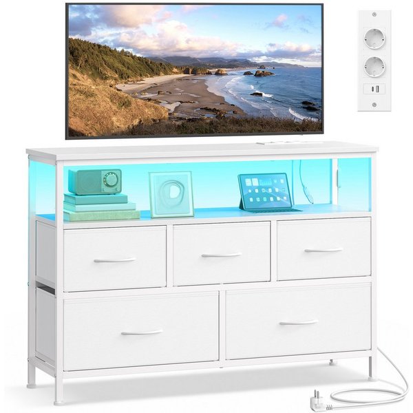 SONGMICS Kommode Schrank, App-gesteuerte LED-Beleuchtung, Sideboard mit Ladestation, 1 Ablage, 5 Schubladen, modern