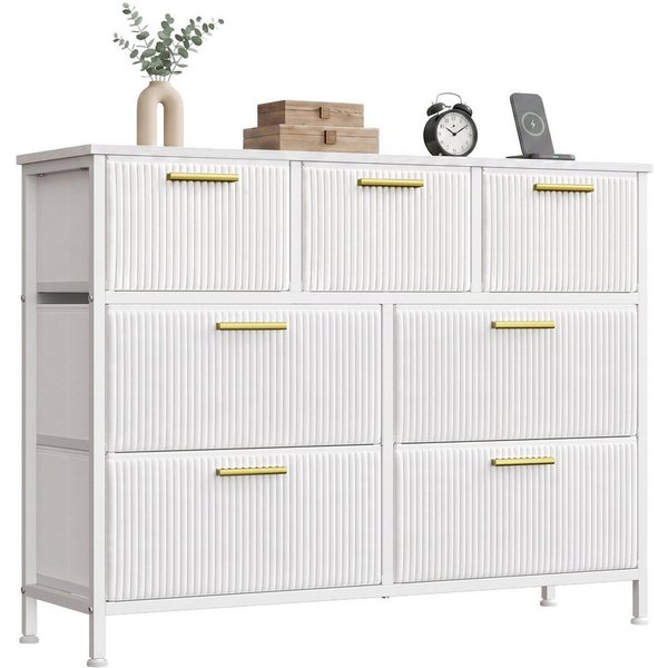 SONGMICS Kommode Wohnzimmerschrank im Cord-Design, Kommode mit 7 Schubladen, 98,7 x 30 x 74,7 cm, Weiß
