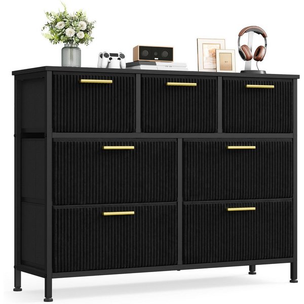 SONGMICS Kommode Wohnzimmerschrank im Cord-Design, Kommode mit 7 Schubladen, 98,7 x 30 x 74,7 cm, Tintenschwarz