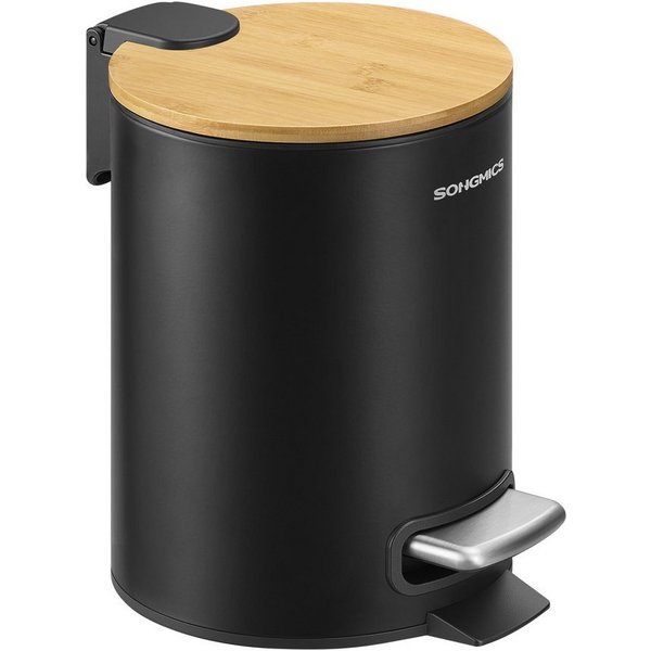 SONGMICS Kosmetikeimer Mülleimer Bad, Tretmülleimer mit Metallpedal, Inneneimer herausnehmbar, Softclose, für Badezimmer, mit Deckel aus Bambus, 6 Liter
