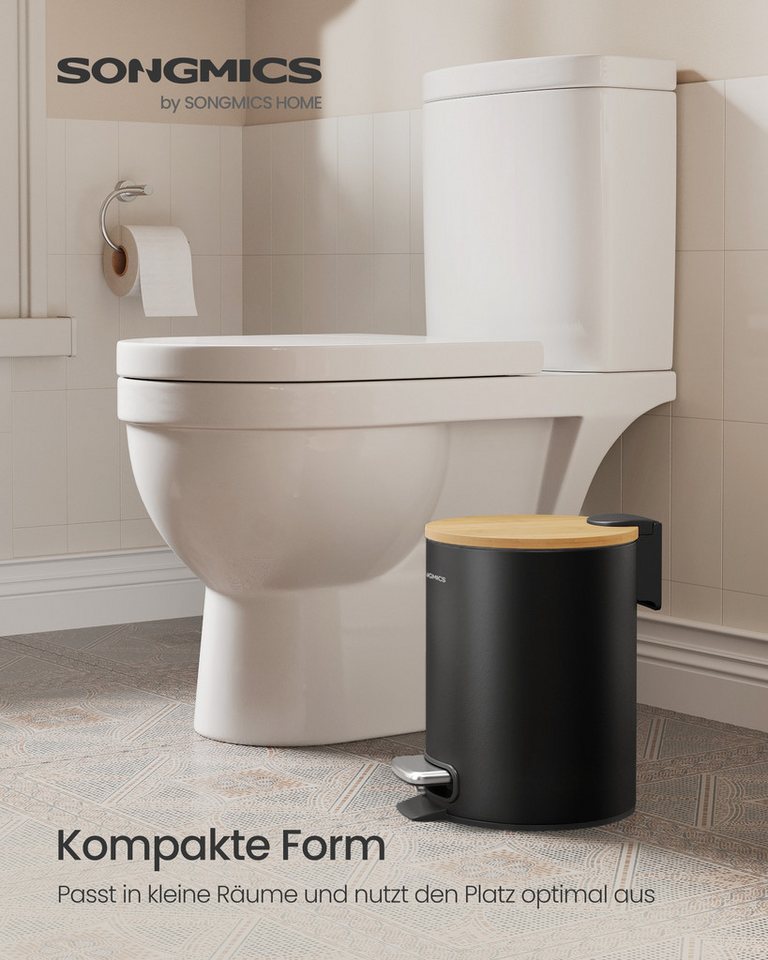SONGMICS Kosmetikeimer Mülleimer Bad, Tretmülleimer mit Metallpedal, Inneneimer herausnehmbar, Softclose, für Badezimmer, mit Deckel aus Bambus, 6 Liter – Bild 2 von 5