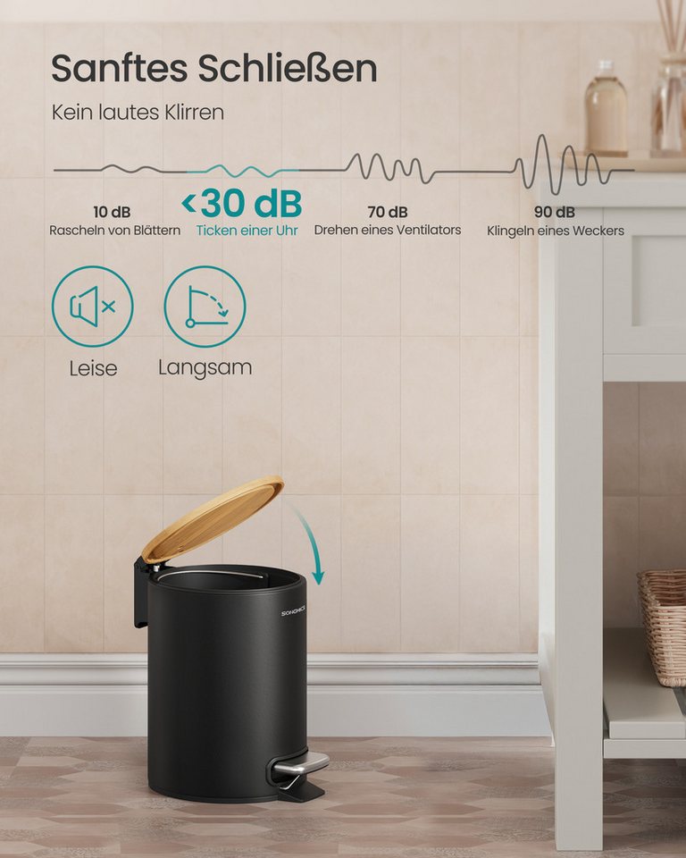 SONGMICS Kosmetikeimer Mülleimer Bad, Tretmülleimer mit Metallpedal, Inneneimer herausnehmbar, Softclose, für Badezimmer, mit Deckel aus Bambus, 6 Liter – Bild 3 von 5