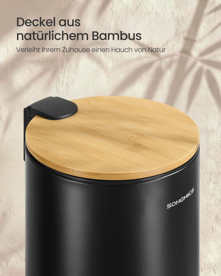 SONGMICS Kosmetikeimer Mülleimer Bad, Tretmülleimer mit Metallpedal, Inneneimer herausnehmbar, Softclose, für Badezimmer, mit Deckel aus Bambus, 6 Liter – Bild 5 von 5