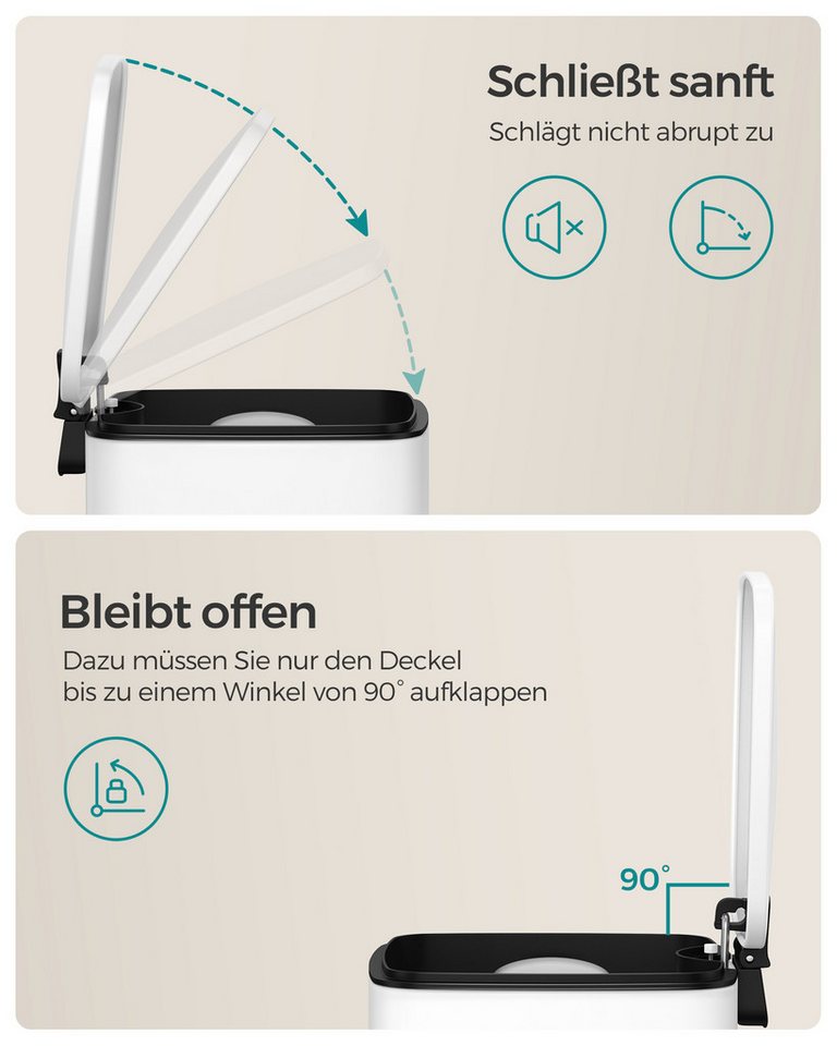 SONGMICS Kosmetikeimer Mülleimer Bad, kleiner Abfalleimer, Tretmülleimer, mit Pedal, 8 Liter, für kleine Räume, mit Deckel, Softclose, Stahl – Bild 3 von 5