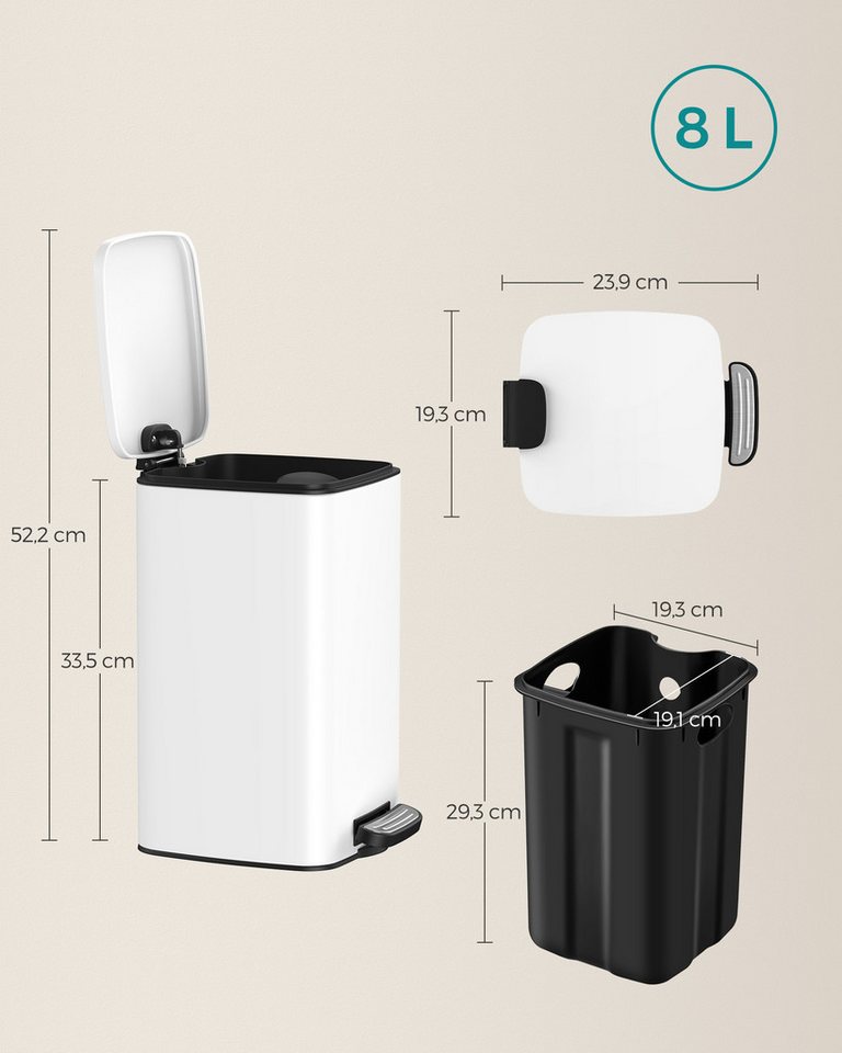 SONGMICS Kosmetikeimer Mülleimer Bad, kleiner Abfalleimer, Tretmülleimer, mit Pedal, 8 Liter, für kleine Räume, mit Deckel, Softclose, Stahl – Bild 5 von 5
