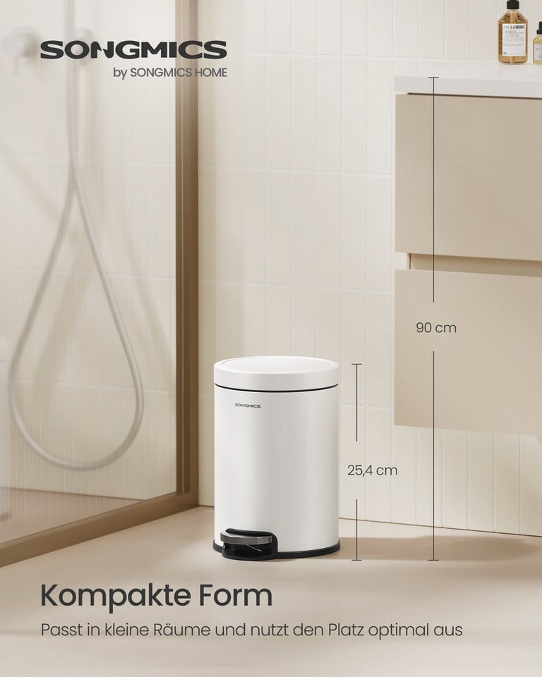 SONGMICS Kosmetikeimer Mülleimer Bad, Tretmülleimer mit Metallpedal, Inneneimer herausnehmbar, Softclose, für Badezimmer, mit Klappe aus Edelstahl, 3 Liter – Bild 2 von 5