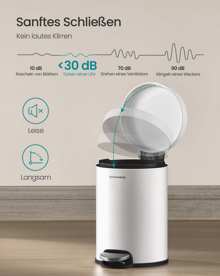 SONGMICS Kosmetikeimer Mülleimer Bad, Tretmülleimer mit Metallpedal, Inneneimer herausnehmbar, Softclose, für Badezimmer, mit Klappe aus Edelstahl, 3 Liter – Bild 4 von 5