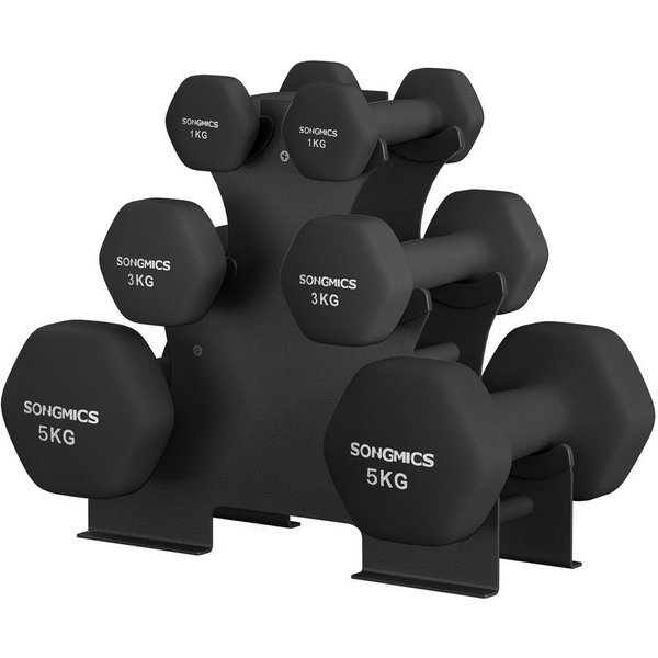 SONGMICS Kurzhantel Set, Hexagon, 2 x 1 kg, 2 x 3 kg, 2 x 5 kg, Krafttraining, zu Hause, mattes Finish, Neopren-Beschichtung, schwarz