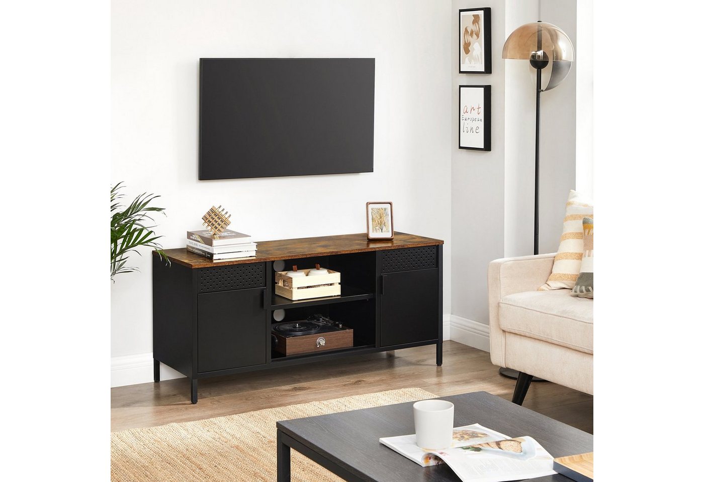 SONGMICS Lowboard Fernsehtisch, mit 3 Einlegeböden, Wohnzimmer, bis zu 55 Zoll, 120cm – Bild 2 von 5