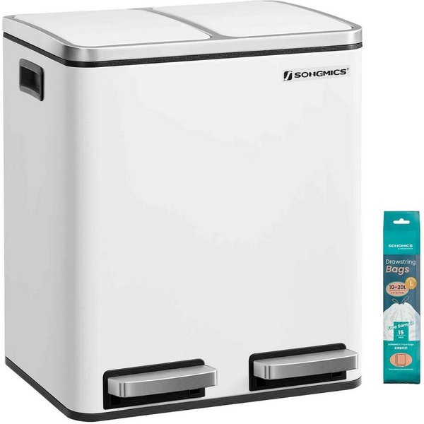 SONGMICS Mülleimer 2x15L, Außenbehälter aus Stahl, Klappdeckel, Softclose, 15 Müllsäcke, 2 x 15 L, Inneneimer aus Kunststoff, Klappdeckel, Softclose, luftdicht