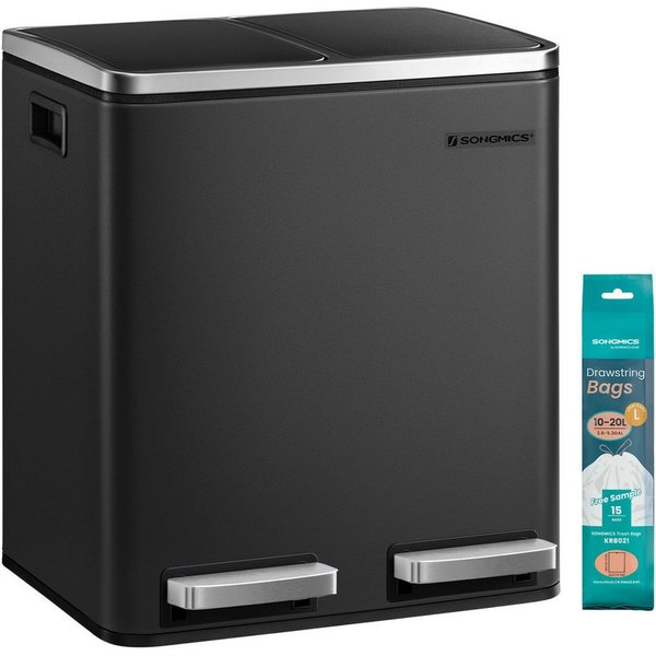 SONGMICS Mülleimer 2x15L, Außenbehälter aus Stahl, Klappdeckel, Softclose, 15 Müllsäcke, 2 x 15 L, Inneneimer aus Kunststoff, Klappdeckel, Softclose, luftdicht