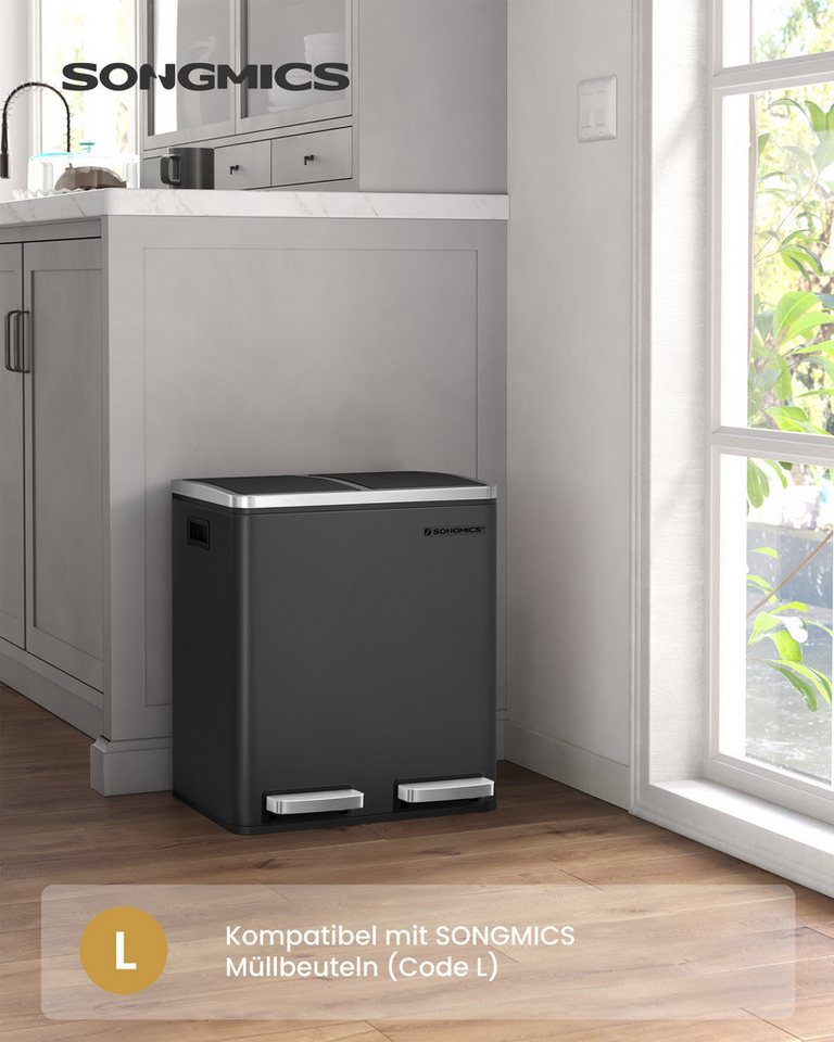 SONGMICS Mülleimer 2x15L, Außenbehälter aus Stahl, Klappdeckel, Softclose, 15 Müllsäcke, 2 x 15 L, Inneneimer aus Kunststoff, Klappdeckel, Softclose, luftdicht – Bild 2 von 5