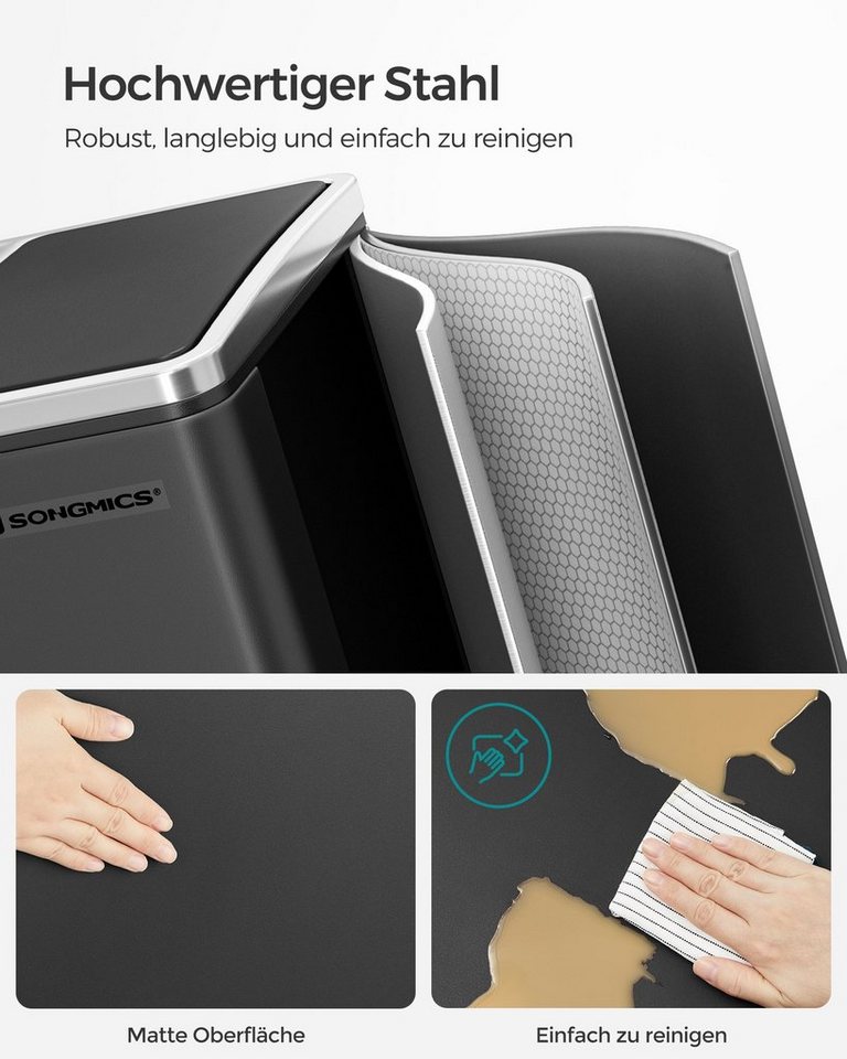 SONGMICS Mülleimer 2x15L, Außenbehälter aus Stahl, Klappdeckel, Softclose, 15 Müllsäcke, 2 x 15 L, Inneneimer aus Kunststoff, Klappdeckel, Softclose, luftdicht – Bild 3 von 5