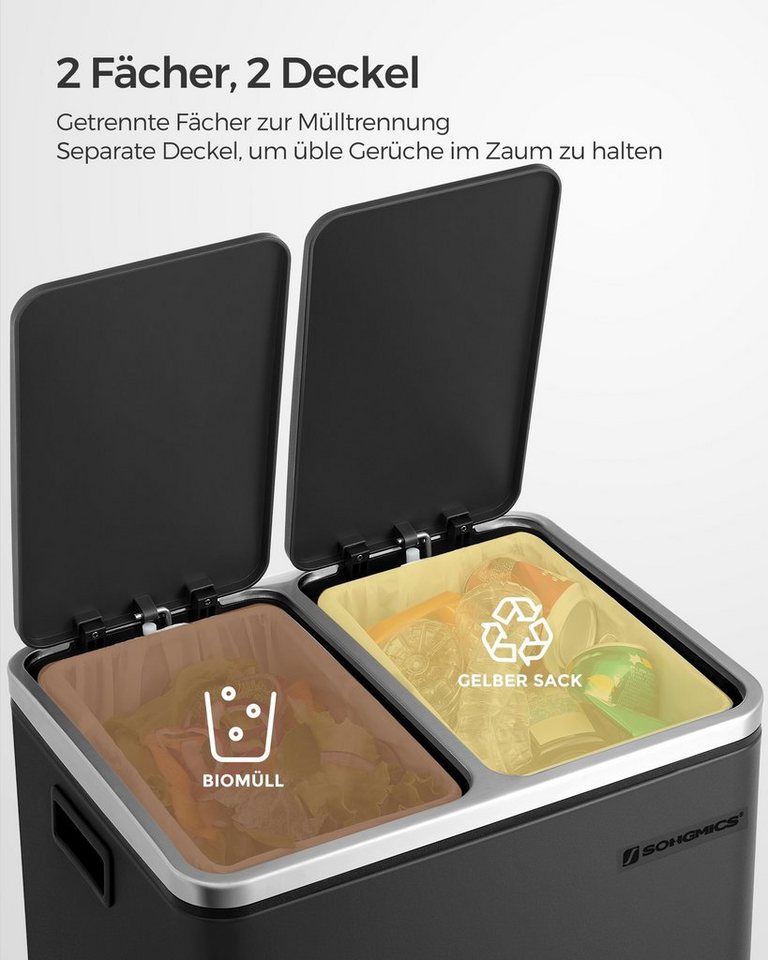 SONGMICS Mülleimer 2x15L, Außenbehälter aus Stahl, Klappdeckel, Softclose, 15 Müllsäcke, 2 x 15 L, Inneneimer aus Kunststoff, Klappdeckel, Softclose, luftdicht – Bild 4 von 5