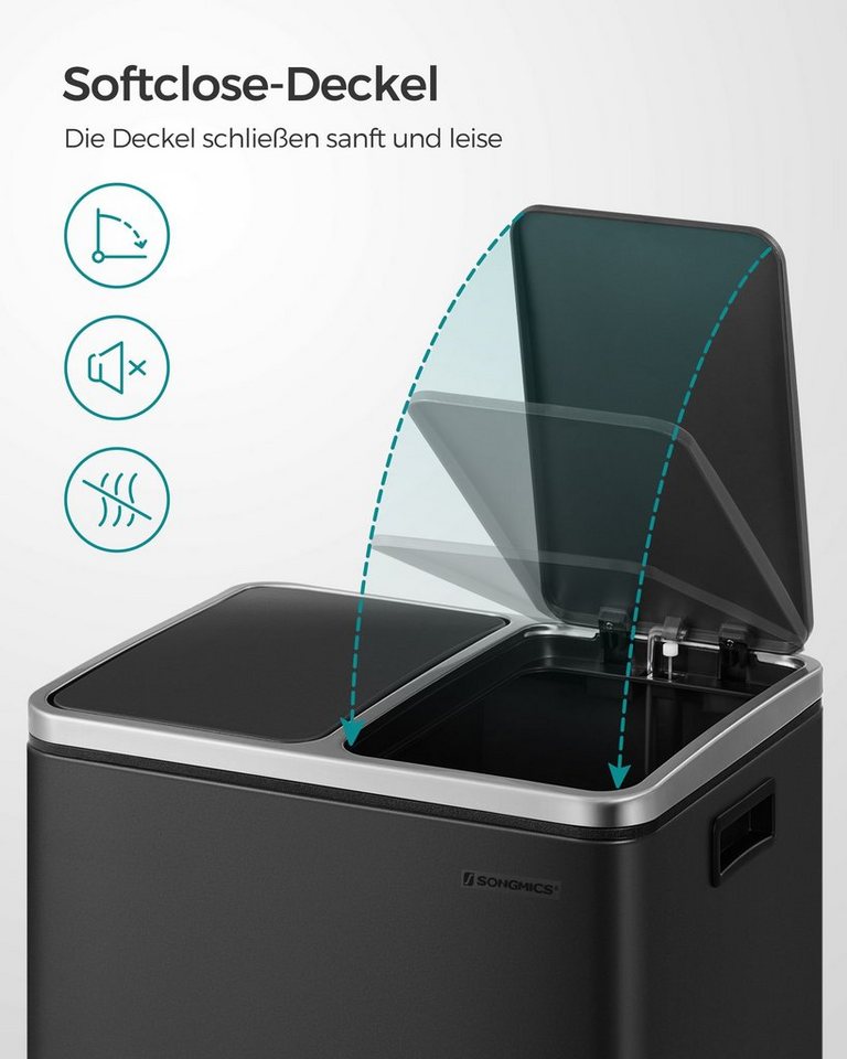 SONGMICS Mülleimer 2x15L, Außenbehälter aus Stahl, Klappdeckel, Softclose, 15 Müllsäcke, 2 x 15 L, Inneneimer aus Kunststoff, Klappdeckel, Softclose, luftdicht – Bild 5 von 5