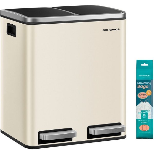 SONGMICS Mülleimer 2x15L, Außenbehälter aus Stahl, Klappdeckel, Softclose, 15 Müllsäcke, 2x15 L, Inneneimer aus Kunststoff, Klappdeckel, Softclose, luftdicht