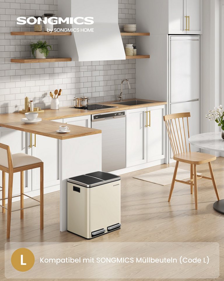 SONGMICS Mülleimer 2x15L, Außenbehälter aus Stahl, Klappdeckel, Softclose, 15 Müllsäcke, 2x15 L, Inneneimer aus Kunststoff, Klappdeckel, Softclose, luftdicht – Bild 2 von 5