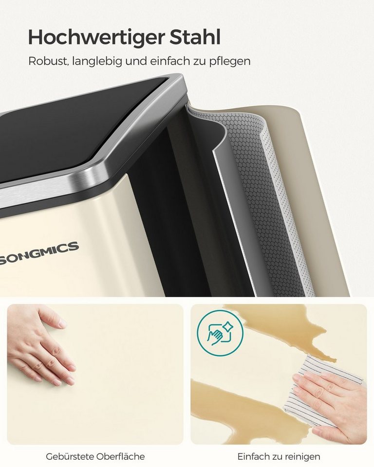 SONGMICS Mülleimer 2x15L, Außenbehälter aus Stahl, Klappdeckel, Softclose, 15 Müllsäcke, 2x15 L, Inneneimer aus Kunststoff, Klappdeckel, Softclose, luftdicht – Bild 3 von 5