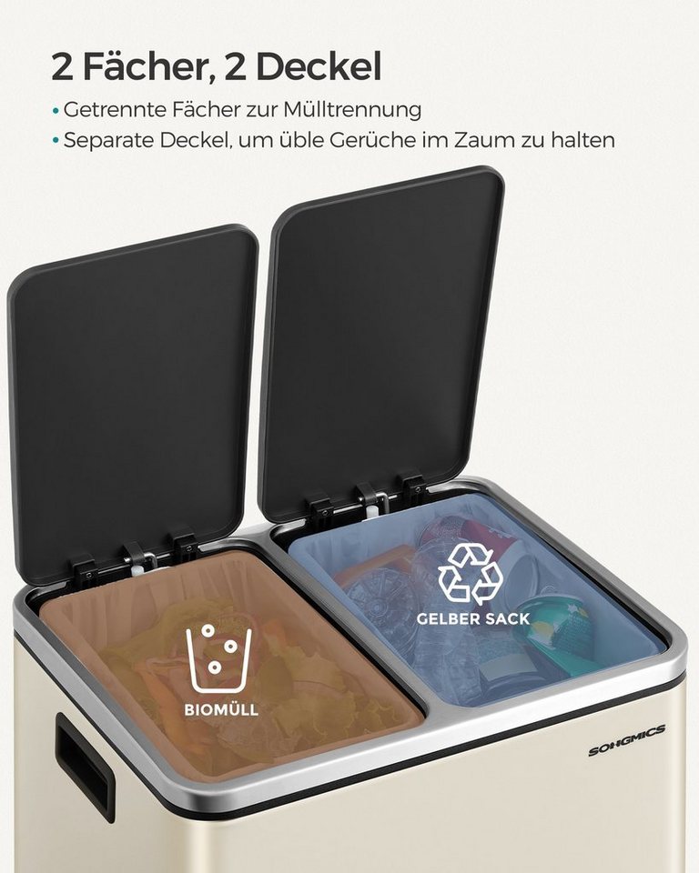 SONGMICS Mülleimer 2x15L, Außenbehälter aus Stahl, Klappdeckel, Softclose, 15 Müllsäcke, 2x15 L, Inneneimer aus Kunststoff, Klappdeckel, Softclose, luftdicht – Bild 4 von 5