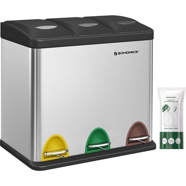 SONGMICS Mülleimer 3x8 L, kleine Kapazität, Mülltrennsystem 3 Fächer, für kleine Familien, Küche, mit Deckel, Stahl-Treteimer, Pedale und Inneneimer, silbern