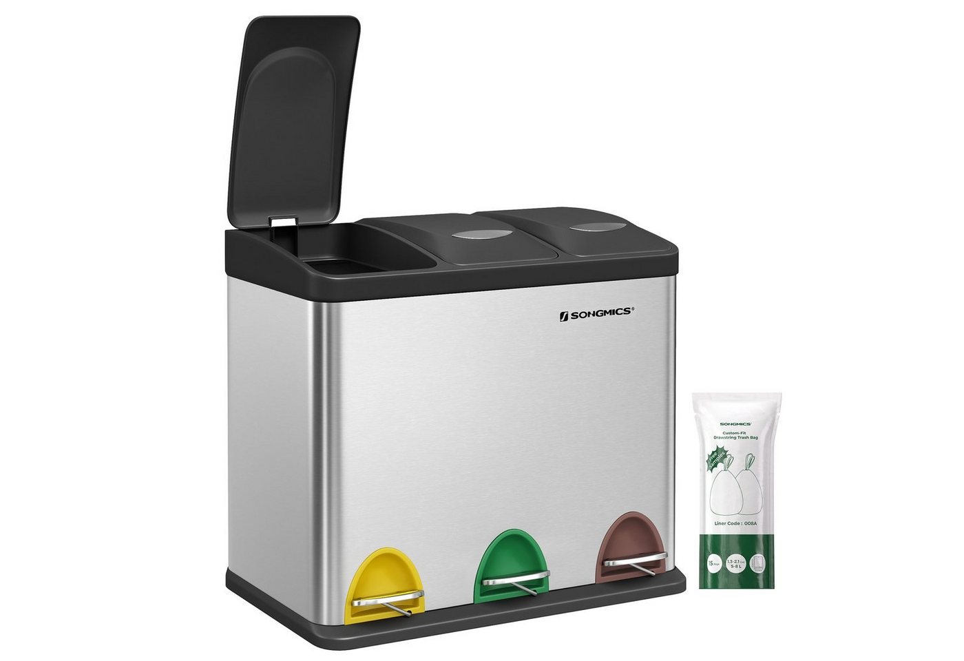 SONGMICS Mülleimer 3x8 L, kleine Kapazität, Mülltrennsystem 3 Fächer, für kleine Familien, Küche, mit Deckel, Stahl-Treteimer, Pedale und Inneneimer, silbern – Bild 2 von 5