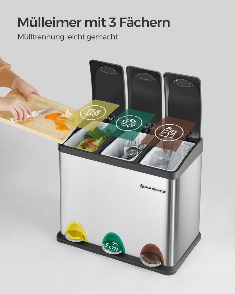 SONGMICS Mülleimer 3x8 L, kleine Kapazität, Mülltrennsystem 3 Fächer, für kleine Familien, Küche, mit Deckel, Stahl-Treteimer, Pedale und Inneneimer, silbern – Bild 4 von 5
