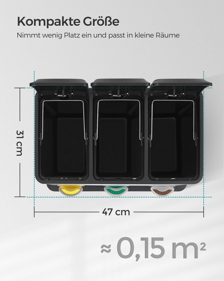 SONGMICS Mülleimer 3x8 L, kleine Kapazität, Mülltrennsystem 3 Fächer, für kleine Familien, Küche, mit Deckel, Stahl-Treteimer, Pedale und Inneneimer, silbern – Bild 5 von 5