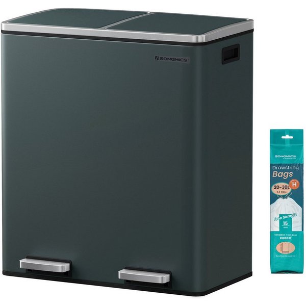 SONGMICS Mülleimer 60L, 2 Fächer, Mülltrennsystem, Treteimer, 15 Müllsäcke, 2x30L, Inneneimer aus Kunststoff, Klappdeckel, Softclose, luftdicht