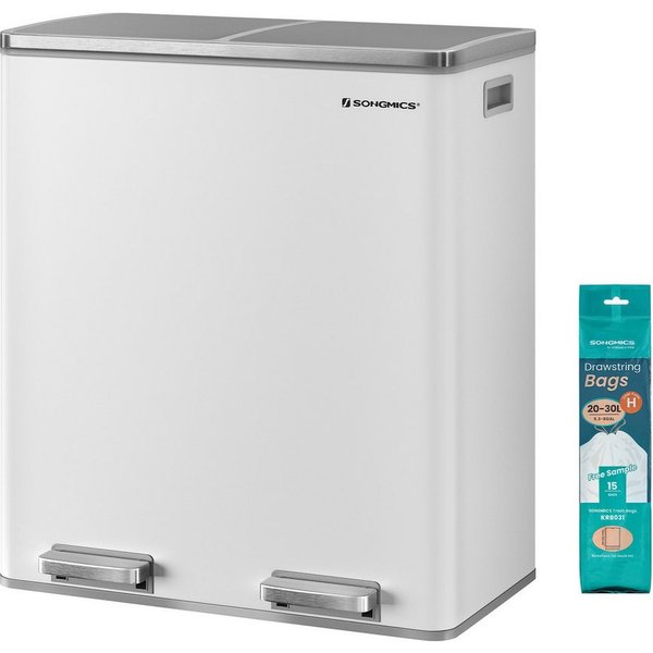 SONGMICS Mülleimer 60L, 2 Fächer, Mülltrennsystem, Treteimer, 15 Müllsäcke, 2x30L, Inneneimer aus Kunststoff, Klappdeckel, Softclose, luftdicht