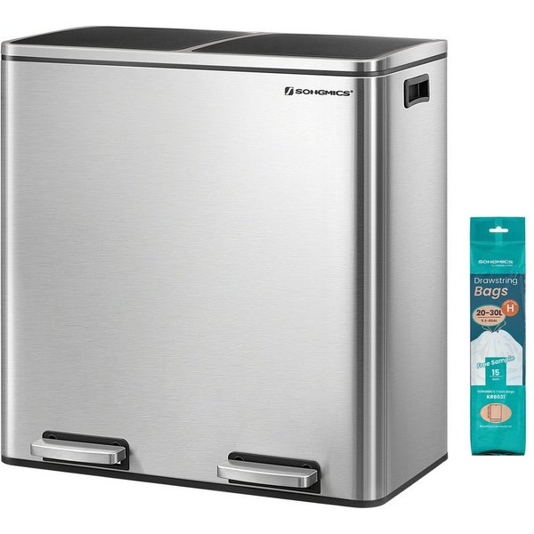 SONGMICS Mülleimer 60L, 2 Fächer, Mülltrennsystem, Treteimer, 15 Müllsäcke, 2x30L, Inneneimer aus Kunststoff, Klappdeckel, Softclose, luftdicht