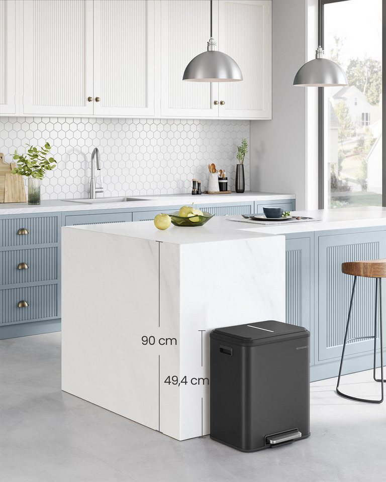 SONGMICS Mülleimer Abfalleimer, Inneneimer, Stahl, Softclose-Deckel, 30L, Küche, Mülltrennsystem 2 x 15 L, 2 Fächer für Recycling und Restmüll – Bild 2 von 5