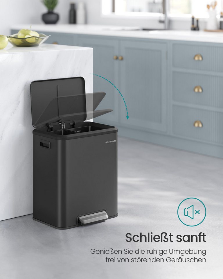 SONGMICS Mülleimer Abfalleimer, Inneneimer, Stahl, Softclose-Deckel, 30L, Küche, Mülltrennsystem 2 x 15 L, 2 Fächer für Recycling und Restmüll – Bild 3 von 5